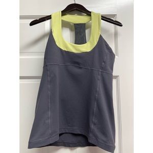 Lululemon size 12, gray tank top with yellow/green neck built in bra